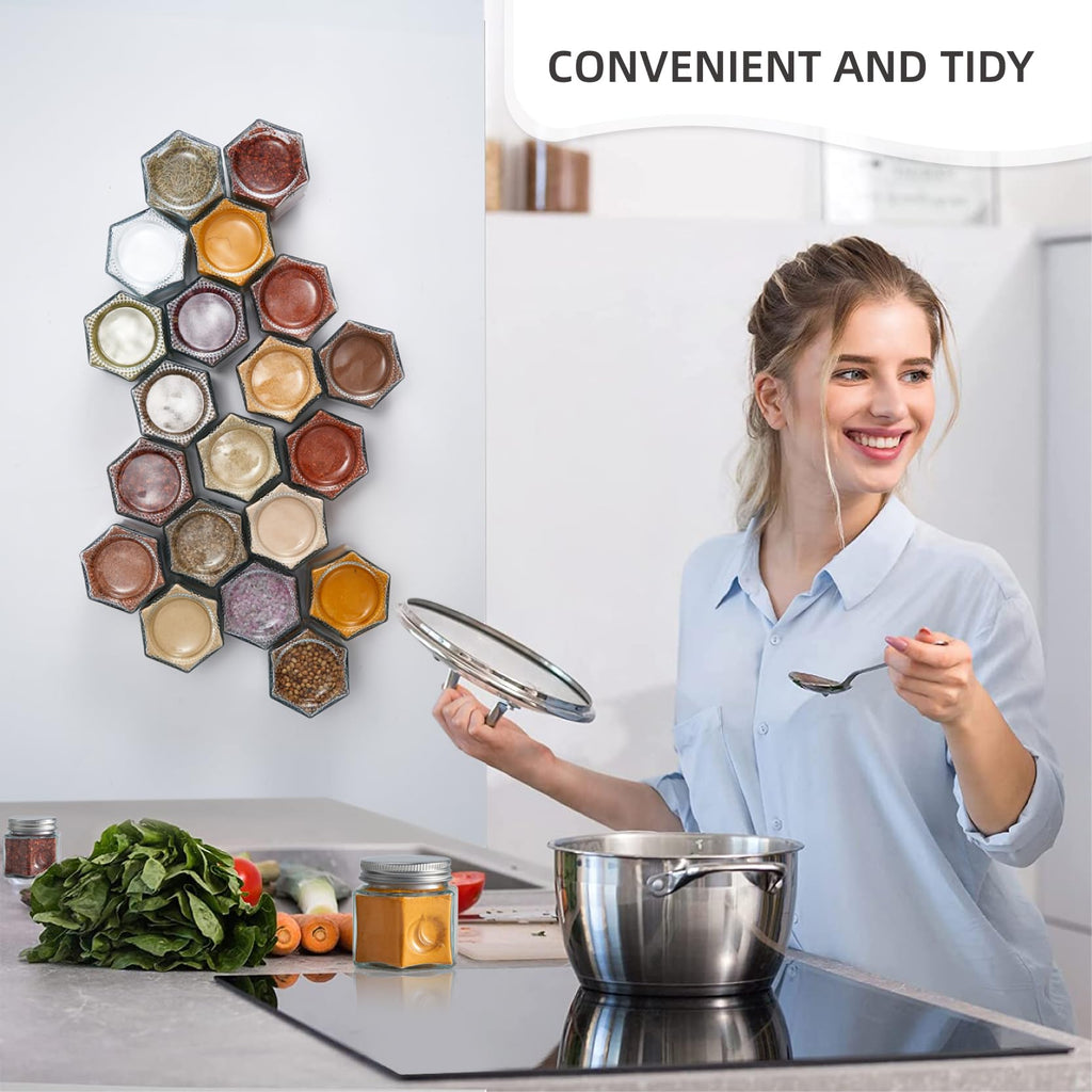 Set of 20 Large 4oz Magnetic Spice Jars for Refrigerator, Hexagon Glass Magnetic Spice Jars with Shaker Lids
