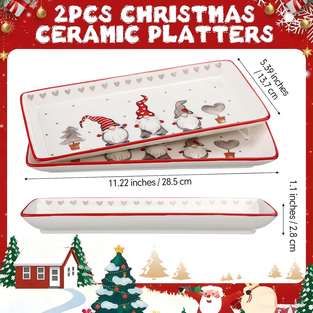 Christmas Ceramic Serving Platter Set of 2 Christmas Porcelain Trays Gnomes Serving Plates Rectangular for Food Salad