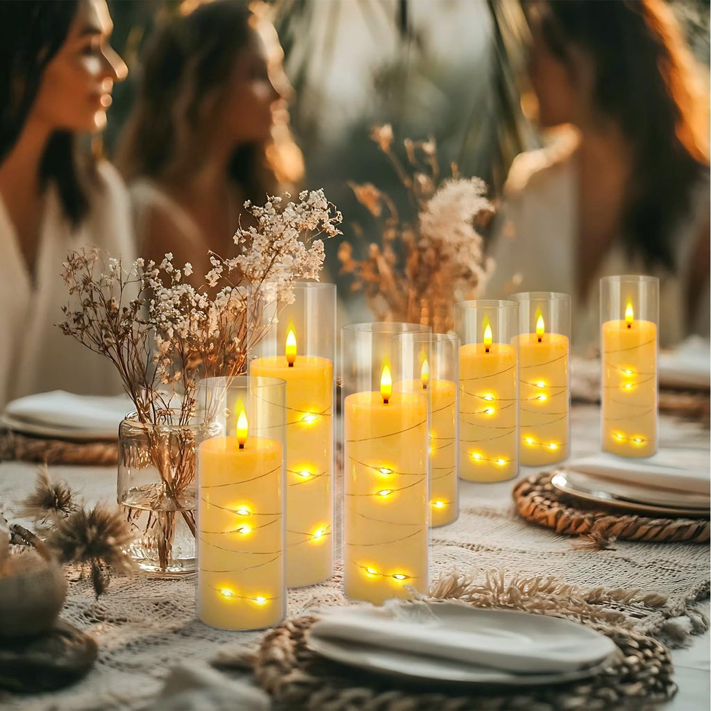 24 Pcs LED Flameless Candles with Remote, 3D Flickering Flame & LED String Lights, Acrylic Clear Cylinder, Timer