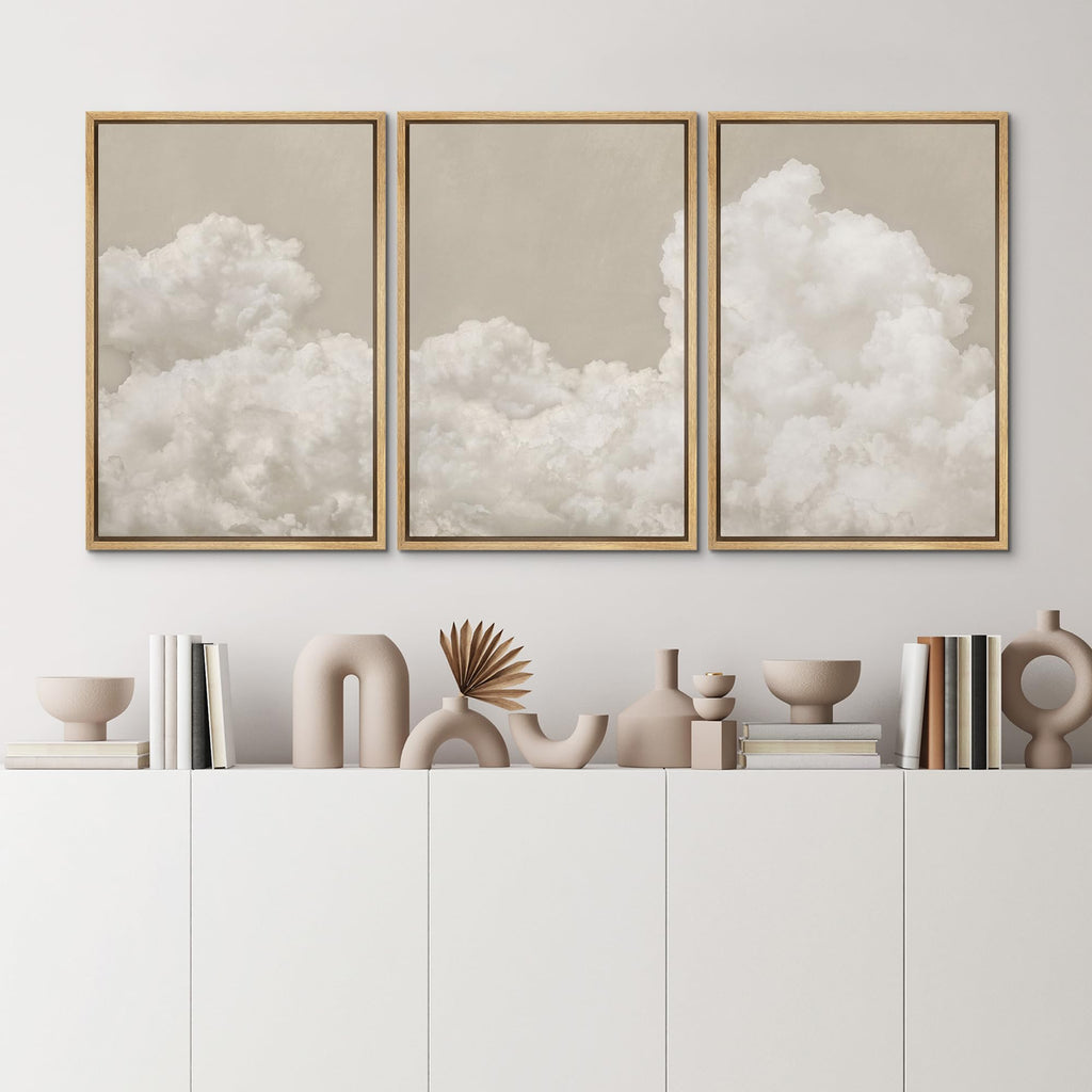 Framed Wall Art Print Set Serene Sky Filled with Fluffy Clouds Illustrations Modern Art Decorative Colorful Chic