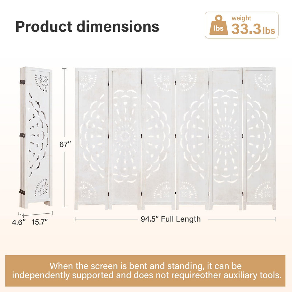 66.9Inch Wooden Room Partition - 6 Panels Boho-Styled Space Room Divider /Office, Headboard & Yoga/Photo/Video Call