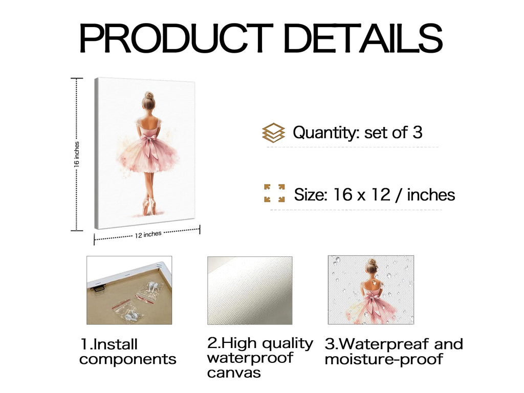 3-Piece Pink Ballet Girl Canvas Wall Art, 12x16 Inch