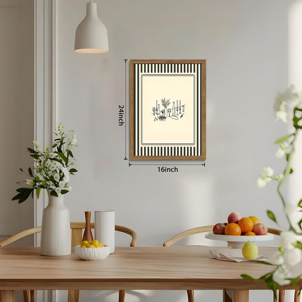 Framed Vintage Striped Kitchen Wall Art, Cozy Dining Table Supper Canvas Print, Minimalist Line Sketch Style Poster