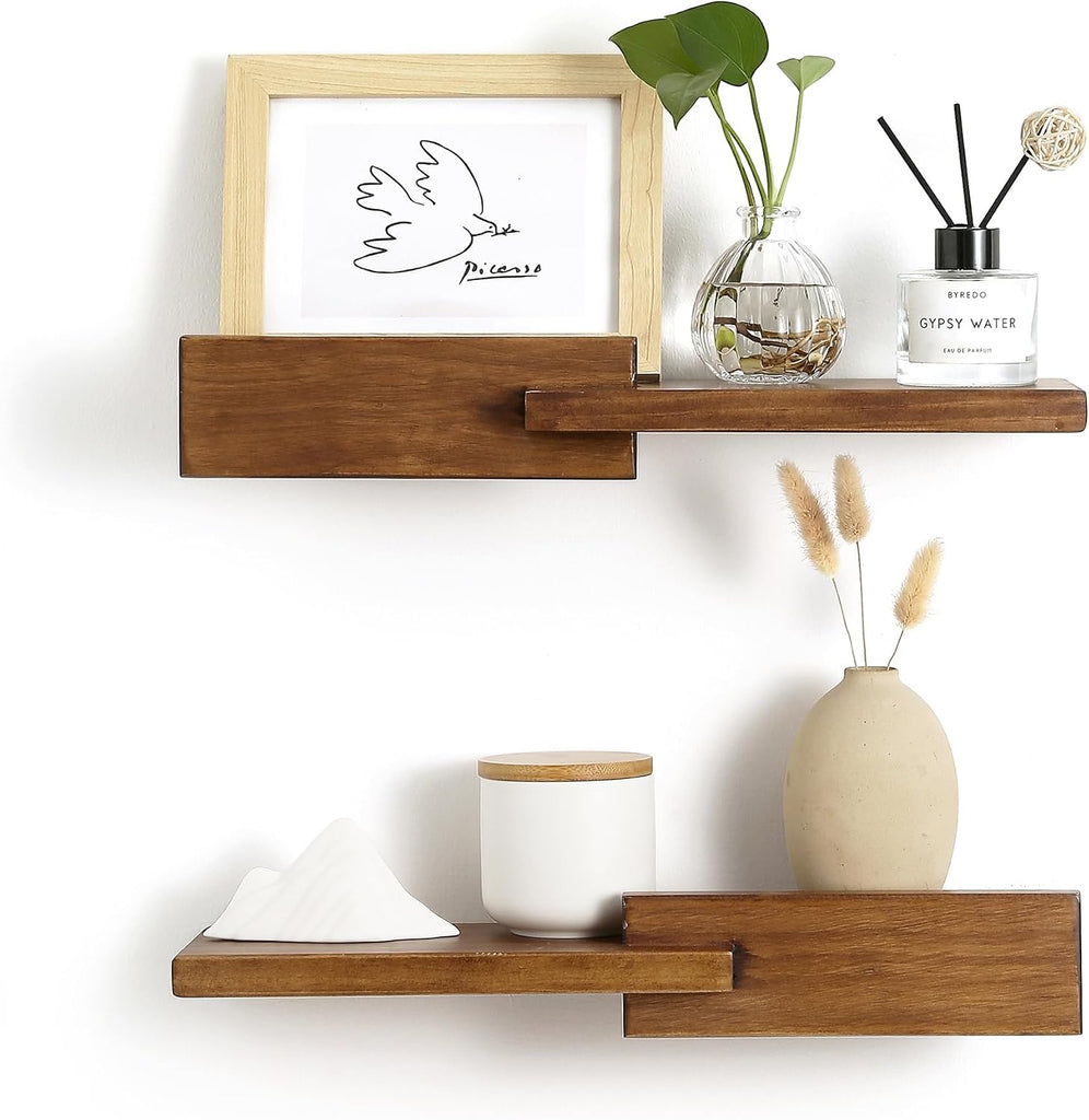 Wood Floating Shelf Set of 2, 4.5D x 15W Inch Modern Reversible Wall Shelves, Minimalism Wall Mount Hardwood Shelves