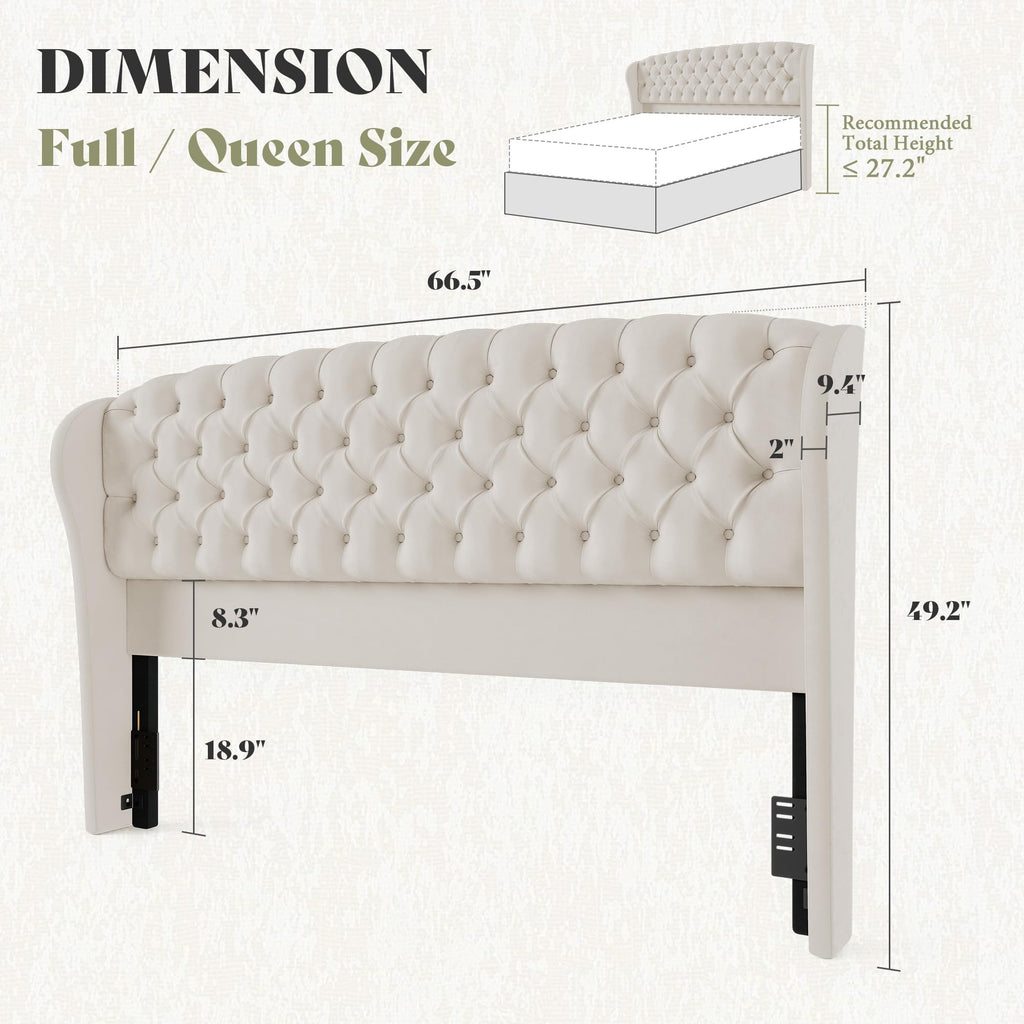 Full/Queen Headboard Only, Velvet Curved Wingback, White