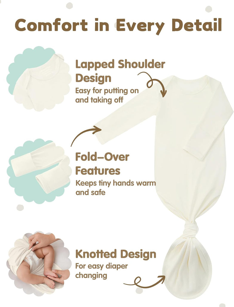 Newborn Knotted Gown 2Pack, Soft Breathable Baby Sleep Gown for Boys Girls, Infant Baby Coming Home Hospital Outfit