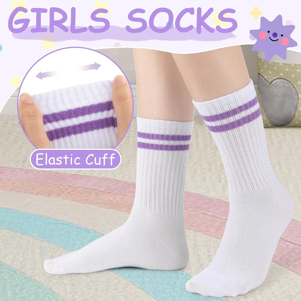 10 Pairs Girls Crew Cotton Socks Athletic Calf Striped Soft Casual Socks For Kids Old