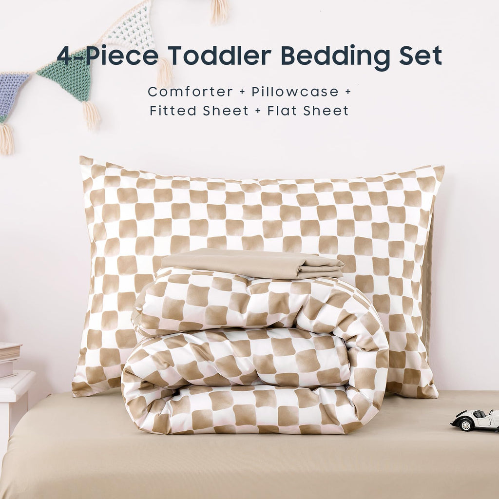 Toddler Bedding Set for Boys Girls, Cute Gingham Grid Checkered, 4 Pieces Soft Crib Bed Set Including Comforter