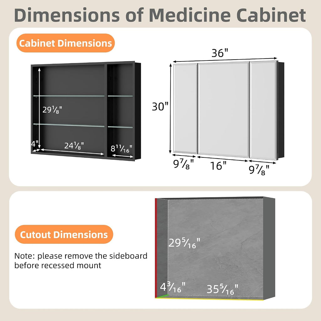 36x30 Inch Medicine Cabinet with Mirror, Aluminum Medicine Cabinet, Black | Beveled Edge Mirror Single Door