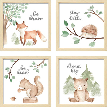 Framed Woodland Nursery Wall Art Decor, 10x10inch Animal Prints