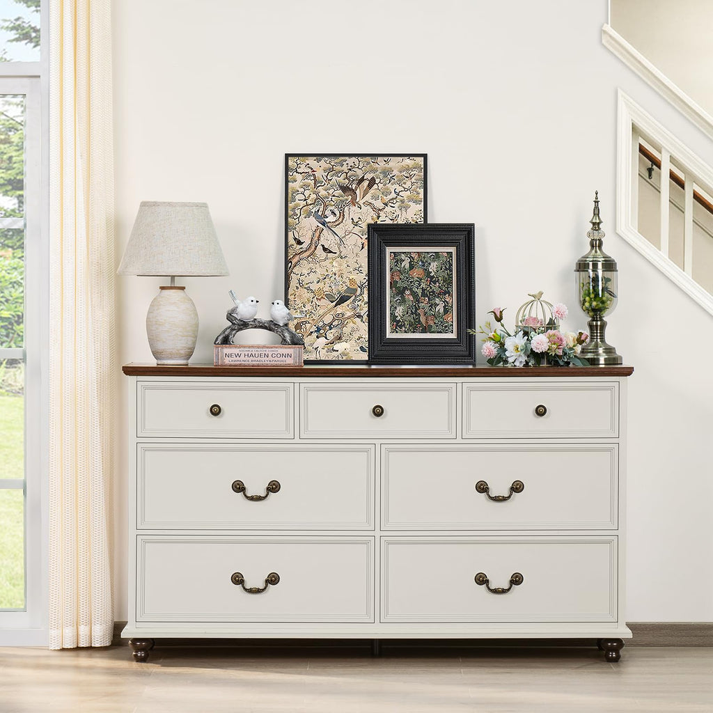 Farmhouse 54" 7 Drawers Dresser, White Wood Chest of Drawers w/ 4 Wooden Legs, Vintage Closet Storage Dressers