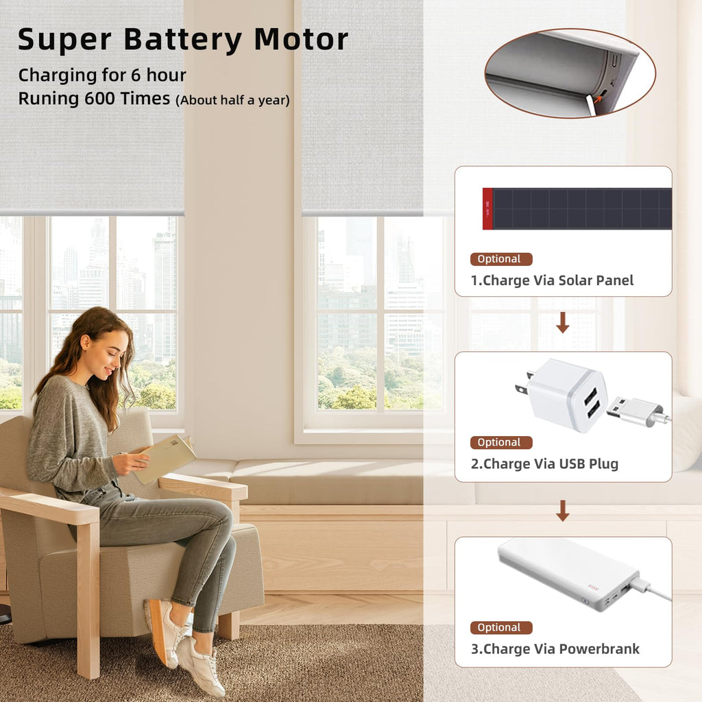 Motorized Roller Shade: Blackout, Rechargeable, Compatible with Alexa/Google Home/Apple Homekit, Aura White
