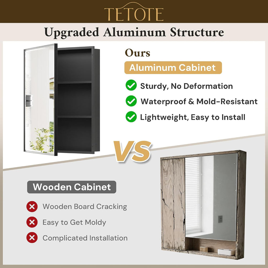 Medicine Cabinet Mirror 16" x 24" Black Aluminum Frame Medicine Cabinet with Beveled Mirror, Stepless Adjustable