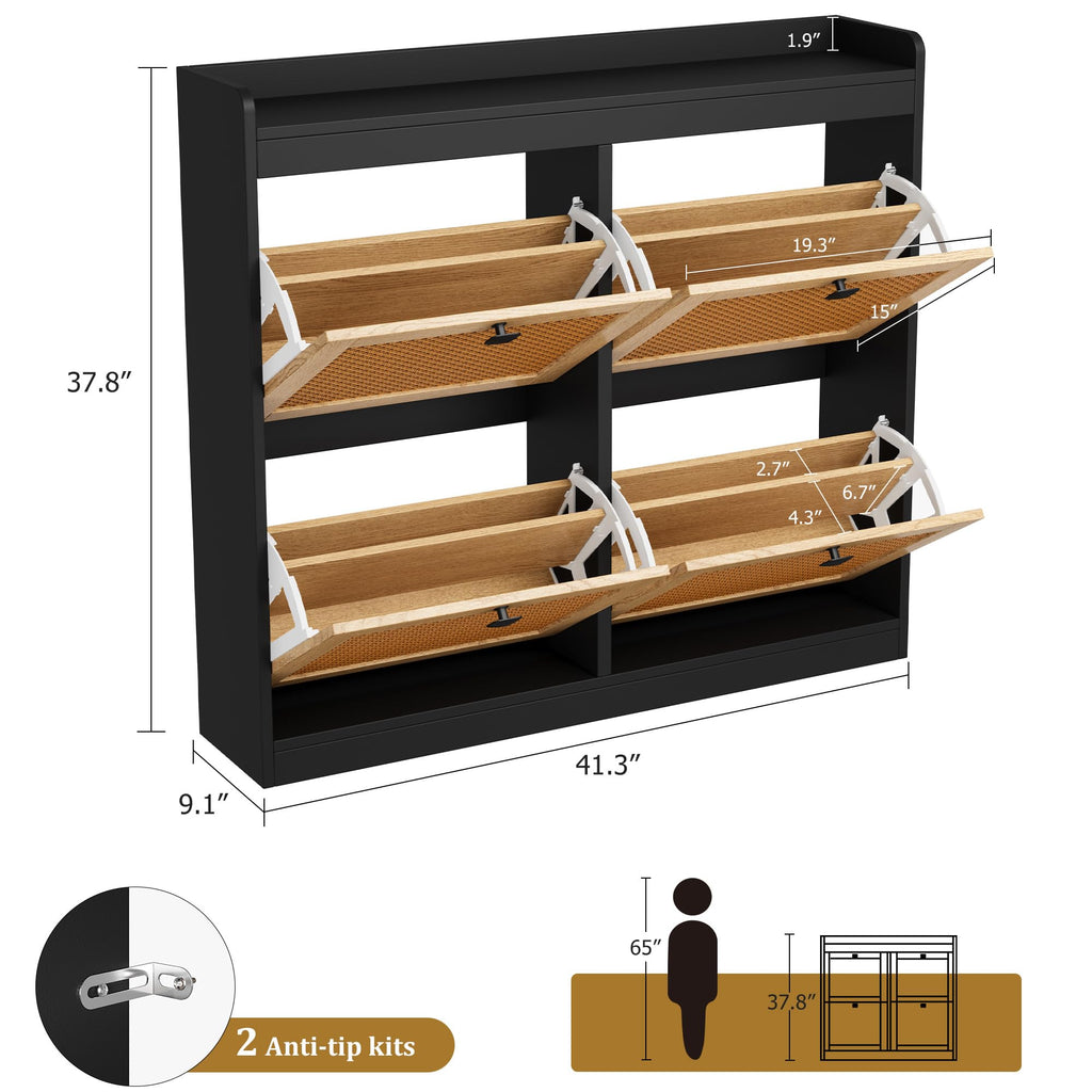 Shoe Storage Cabinet with 4 Deep Flip Drawers, Wood Shoe Cabinet with Rattan Doors and Adjustable Shelves