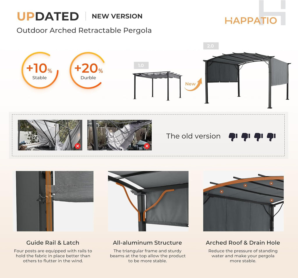 10' x13' Outdoor Arched Patio Pergola, Outdoor Retractable Pergola with Sun Shade Canopy