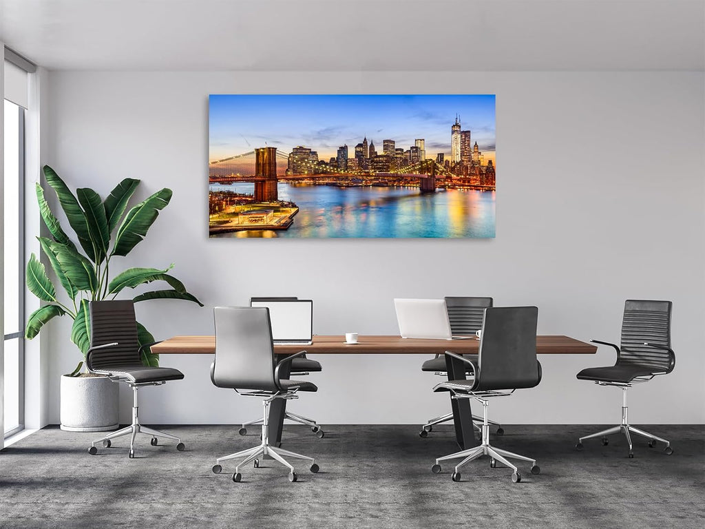 New York City Skyline Canvas Wall Art-Brooklyn Bridge at Sunset Panoramic Picture, Modern Manhattan Cityscape