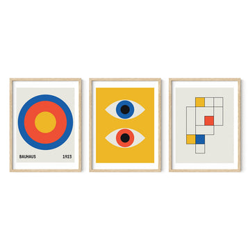 Bauhaus Poster Art - Set of 3 Modern Abstract Wall Art, Vintage Posters and Prints, Frameable Blue Yellow Wall Art