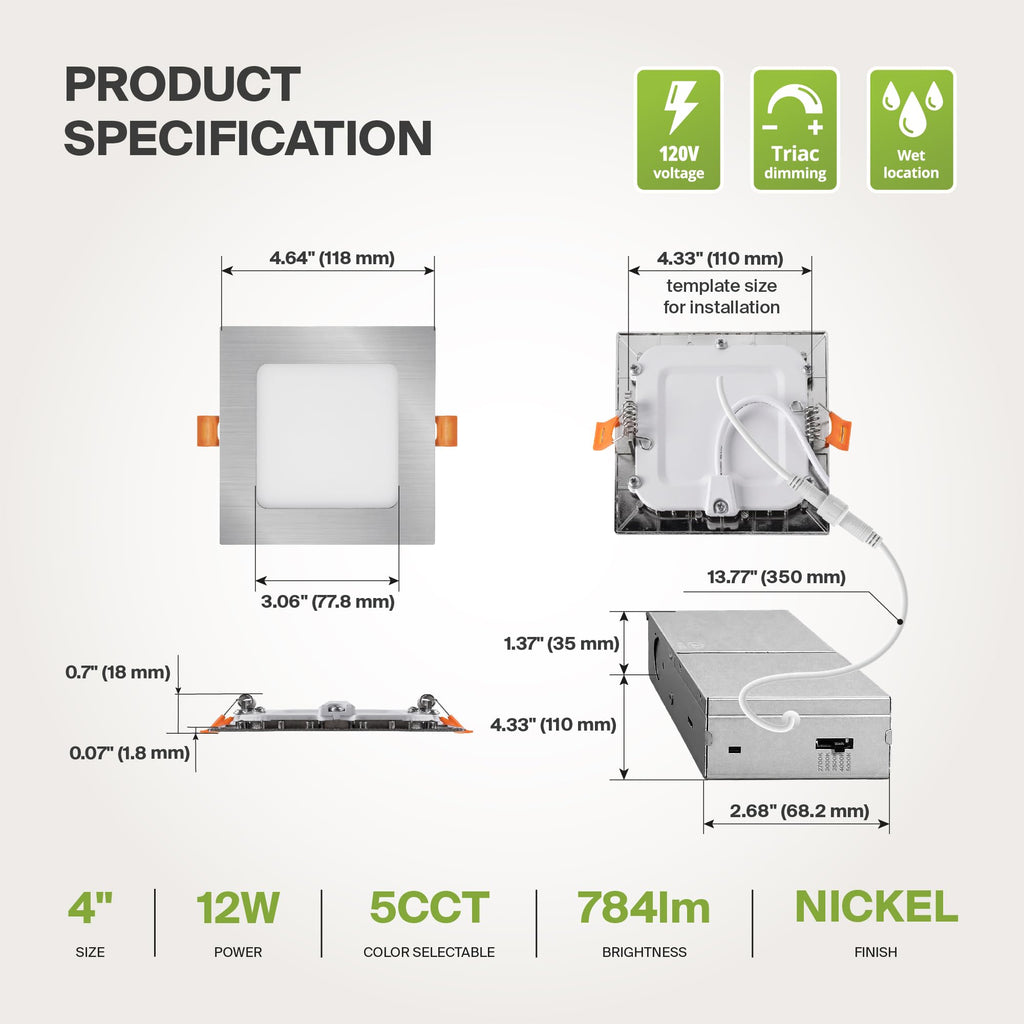 6 Pack LED Square Recessed Lighting 4 Inch, 5 CCT 2700K-5000K, 12W 50W Eqv, Ultra Thin Dimmable Ceiling Lights with J
