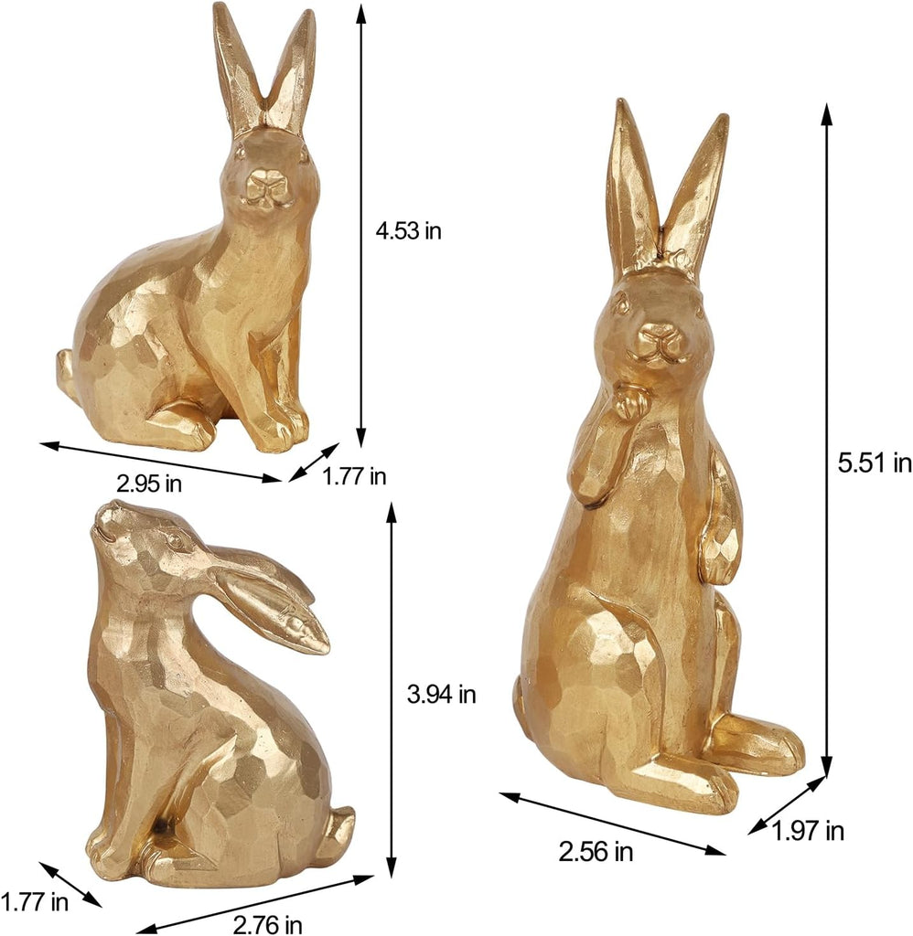 Easter Bunny Figurines Decor, Mini Resin Golden Bunnies Spring Sculpture Tabletop Ornament, Rabbits Festival - Set of 3