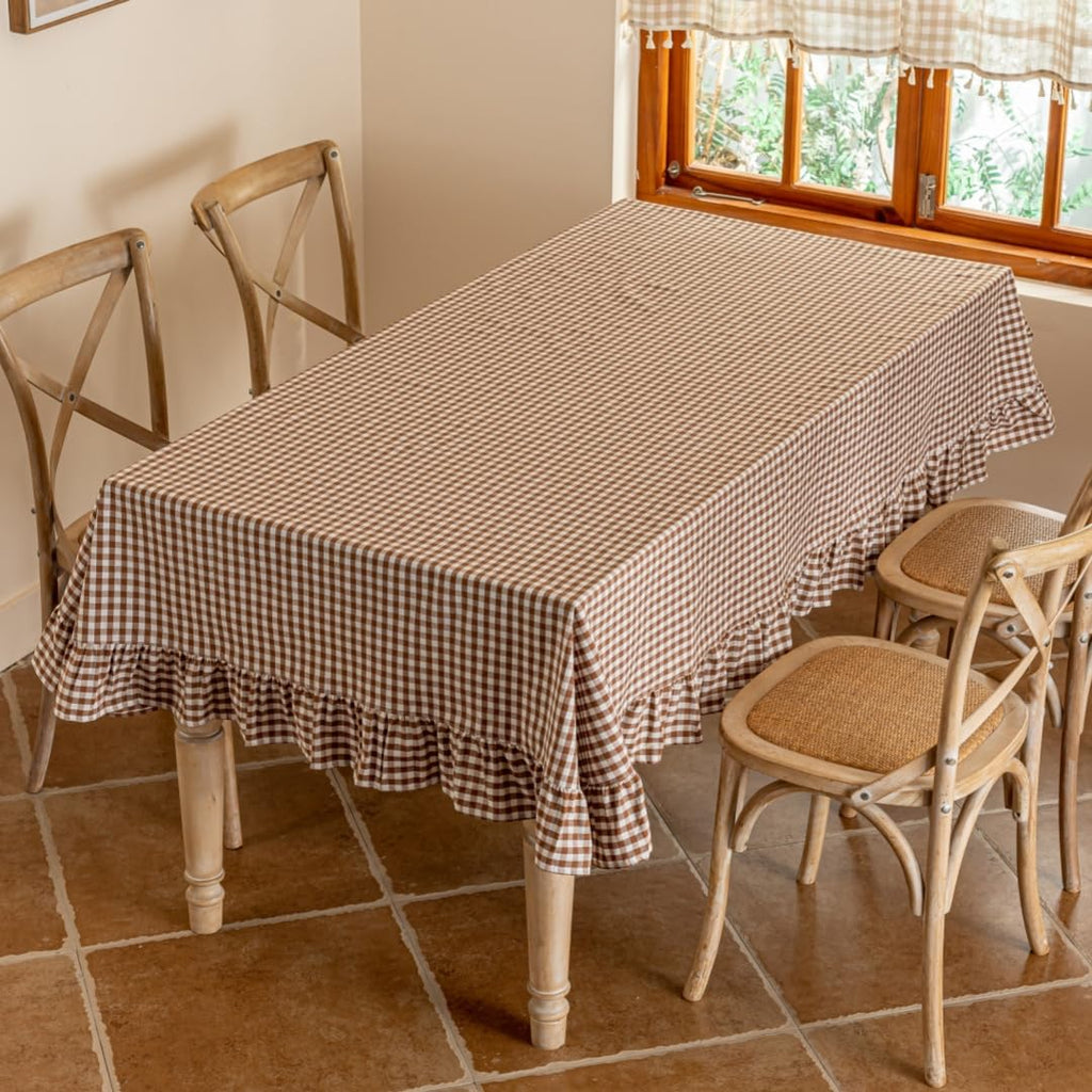 Coffee Plaid Ruffled Table Cover Linen Rectangle Gingham Tablecloth Classic Farmhouse Vintage Checkered Table Cover