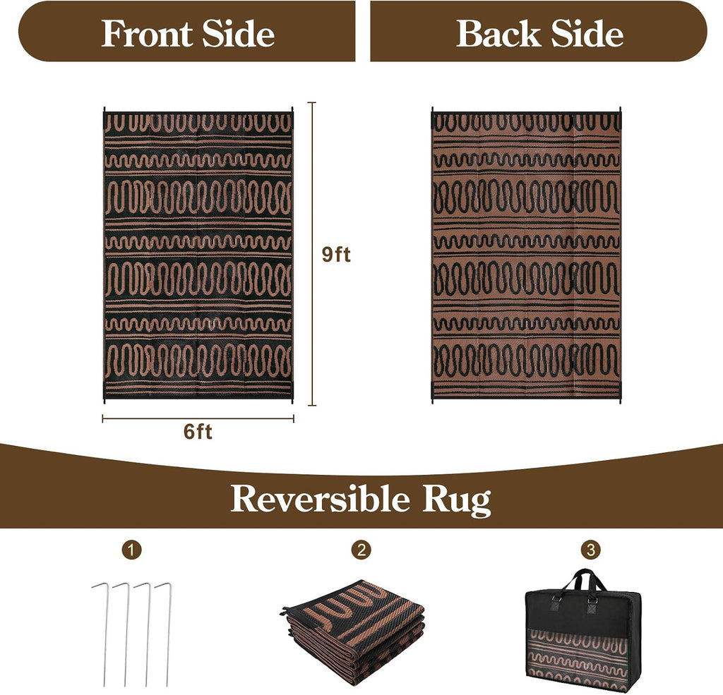 Outdoor Rug Waterproof, Reversible Plastic Straw Rug for Deck, Backyard, RV Camping, Black Brown