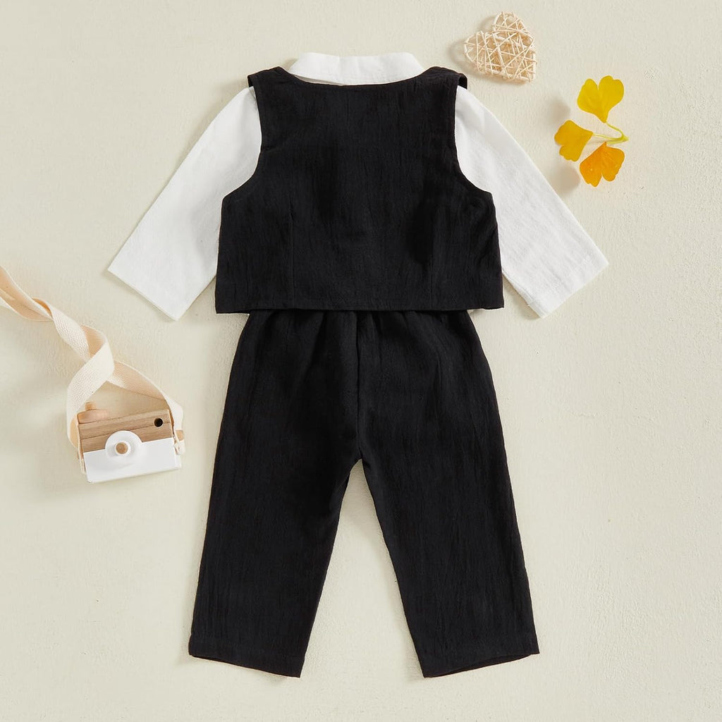Baby Boy Dress Clothes Long Sleeve Romper Shirt Bowtie Waistcoat Suspender Pants Set Suit Fall Outfits