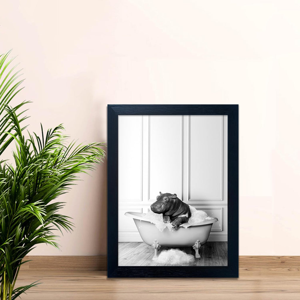 Framed Bathroom Decor Wall Art Black and White Canvas Print Cute Hippo in Bathtub Wall Art Bathrom Painting for Wall