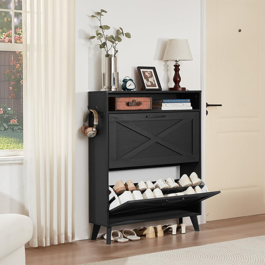 Narrow Shoe Cabinet with 2 Flip Drawers, Black