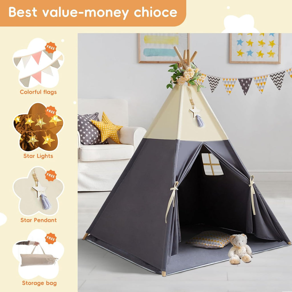 Teepee Tent for Kids, 100% Cotton Play Tent with Mat, Kids Teepee Tent with Colored Flag, Quality Portable Play Tent