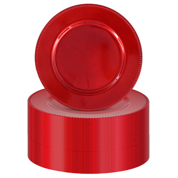 50 Pack Red Charger Plates Bulk, 13 Inch Round Plastic