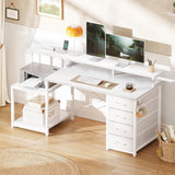 55 Inch Computer Desk with 4 Drawers, Office Desk with Power Outlets, Printer Shelf & Storage Shelves