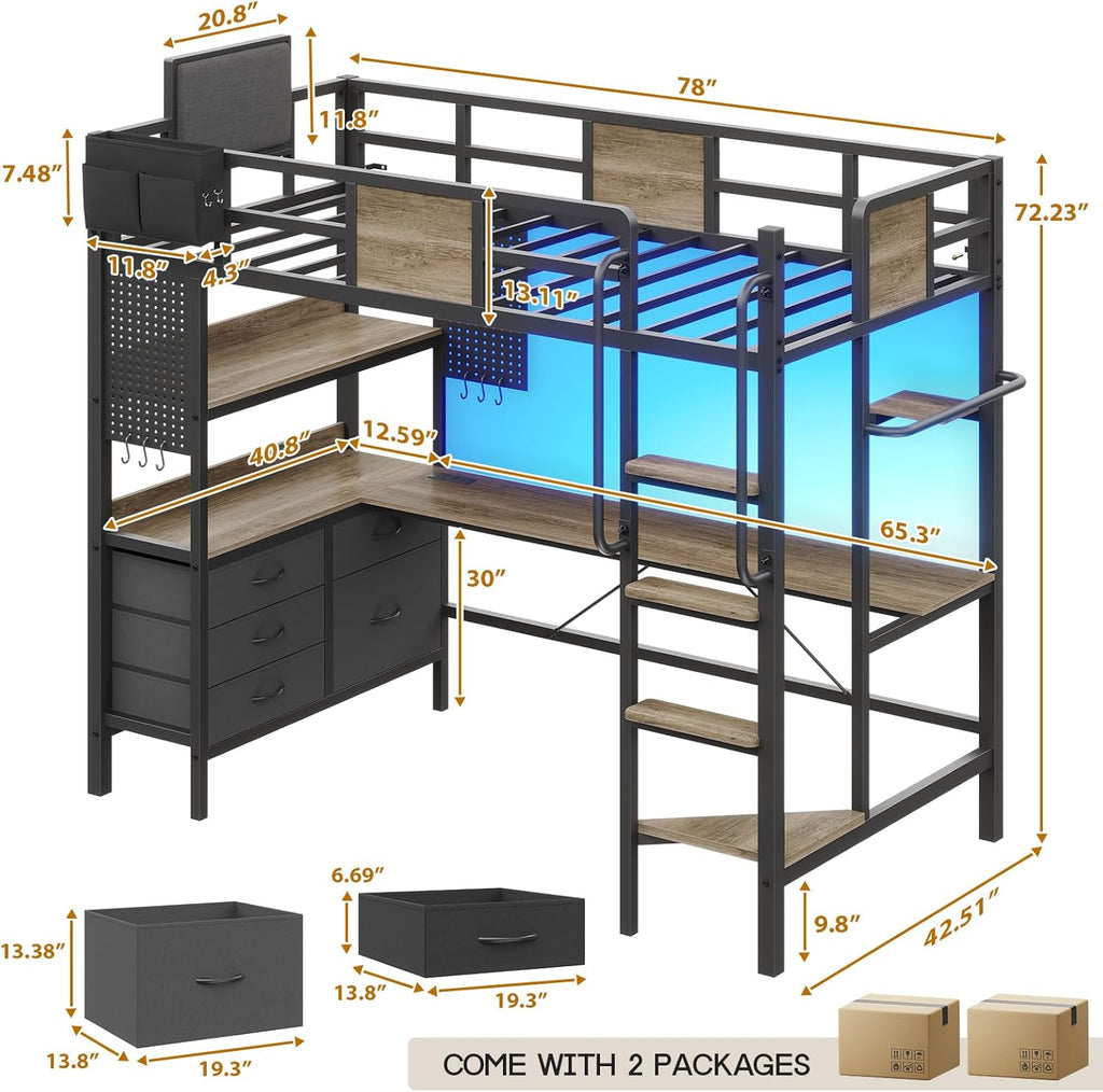 Twin Loft Bed with Desk and 5 Storage Drawers,Loft Bed Twin with LED Lights and Charging Station