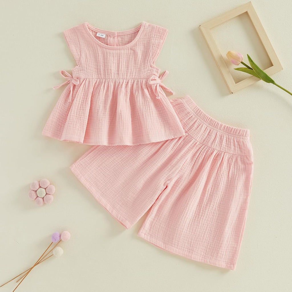 Baby Girl Summer Clothes Outfit Cotton Linen Sleeveless Ruffle Shirt and Wide Leg Pants Toddler Girls Clothes Set