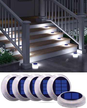Solar Discs Lights Outdoor IP68 Waterproof 6 Pack White Round