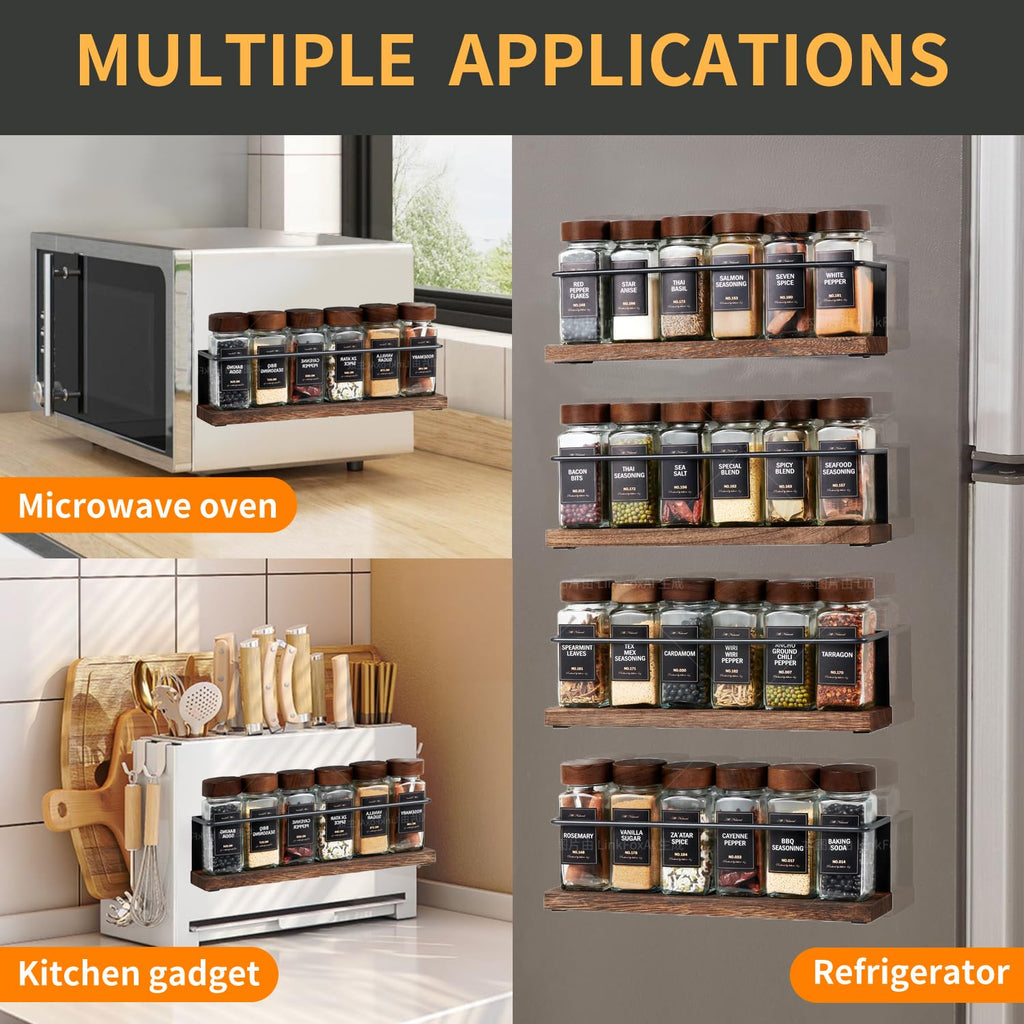 Wooden Lid Magnetic Spice Rack with 24 Jars, 216 Labels, 1 Steel Funnel for Refrigerator,Microwave Oven - Full Set