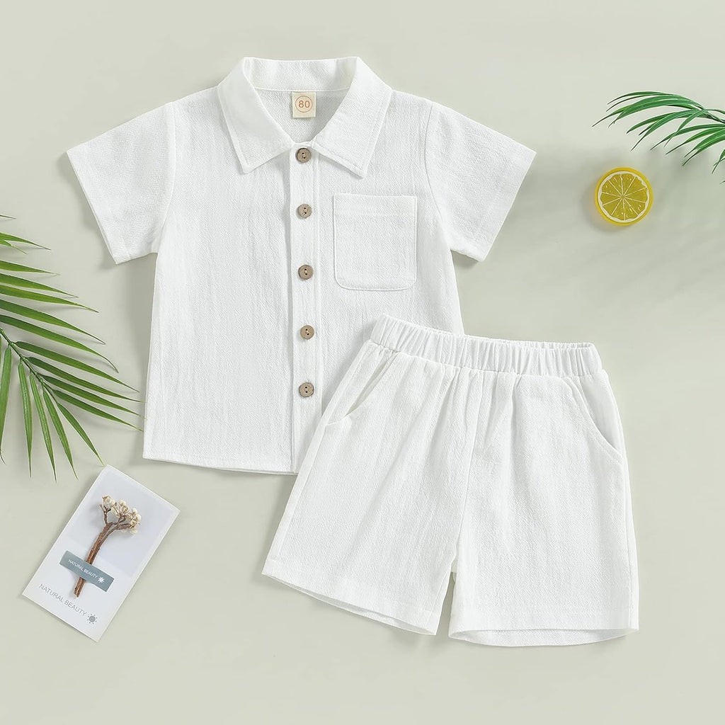 Baby Boy Cotton Linen Shorts Set Solid Color Short Sleeve Button Down T-Shirt Tops and Shorts Summer Outfit Clothes