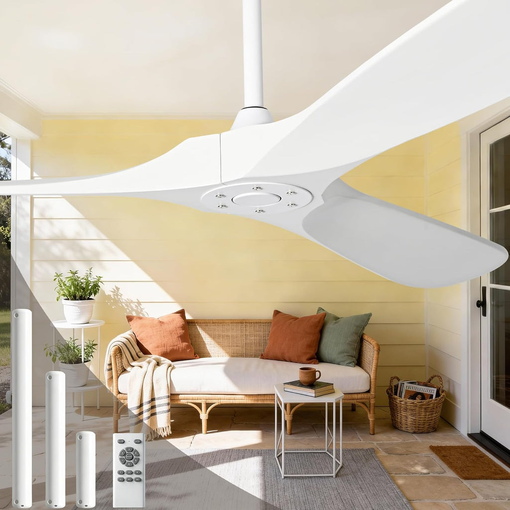 Inspired Maverick Style 60 Inch White Wood Ceiling Fan - 3 Solid Wood Blades, Indoor/Outroom DC Motor Ceiling Fan with Remote Control, 6-Speed Reversible Quiet Operation, Timer Function, No Light, Damp Rated A102-B0CMTJK7L8