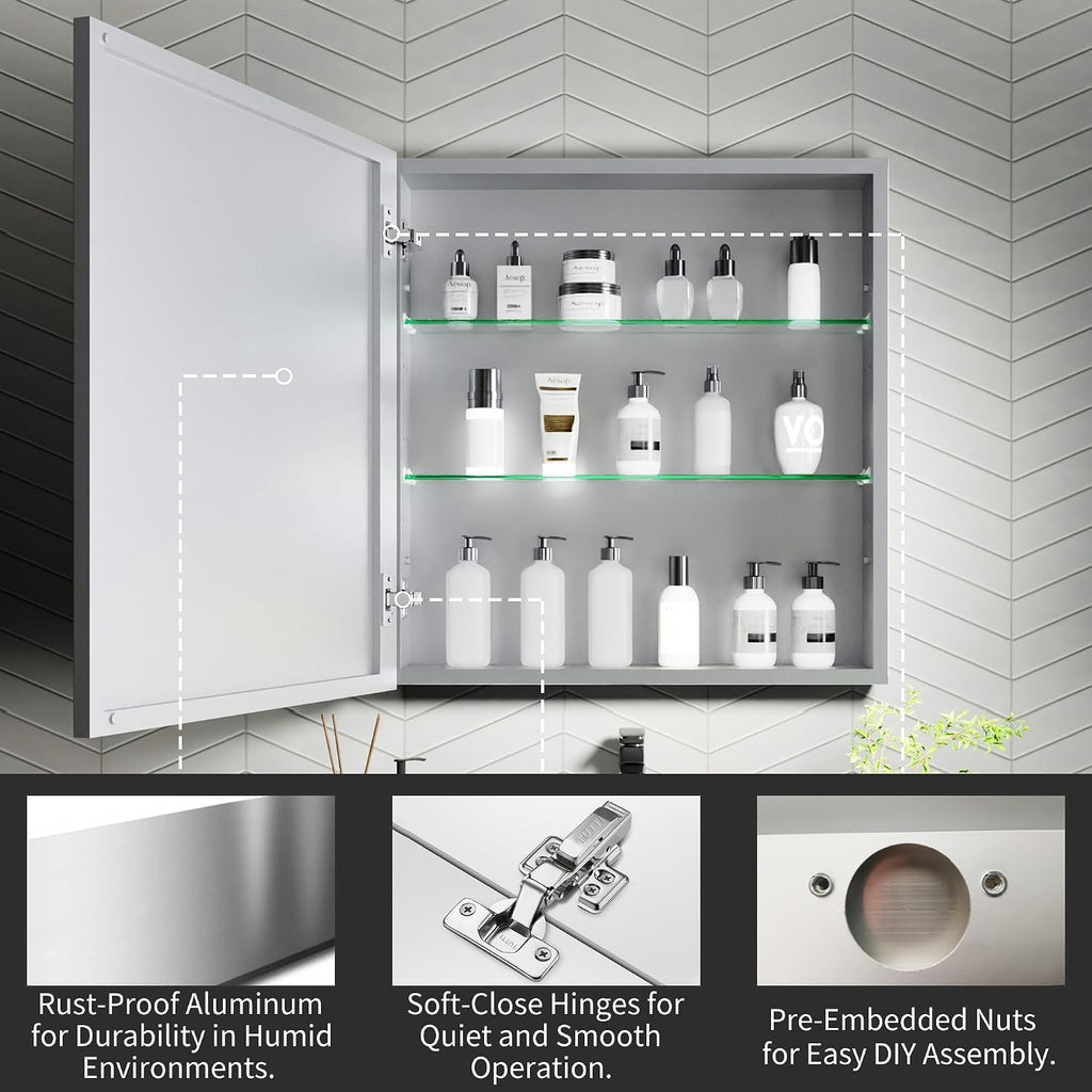 24x26 Inch Recessed Medicine Cabinet with Mirror, Aluminum Medicine Cabinet Mirror, Recessed or Surface Mount with 2