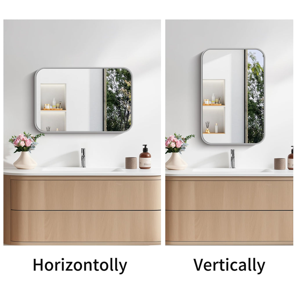 Bathroom Mirror for Over Sink 16x24 Inch Silver, Rectanglar Wall Mirror with Metal Frame, Rounded Corners Decor