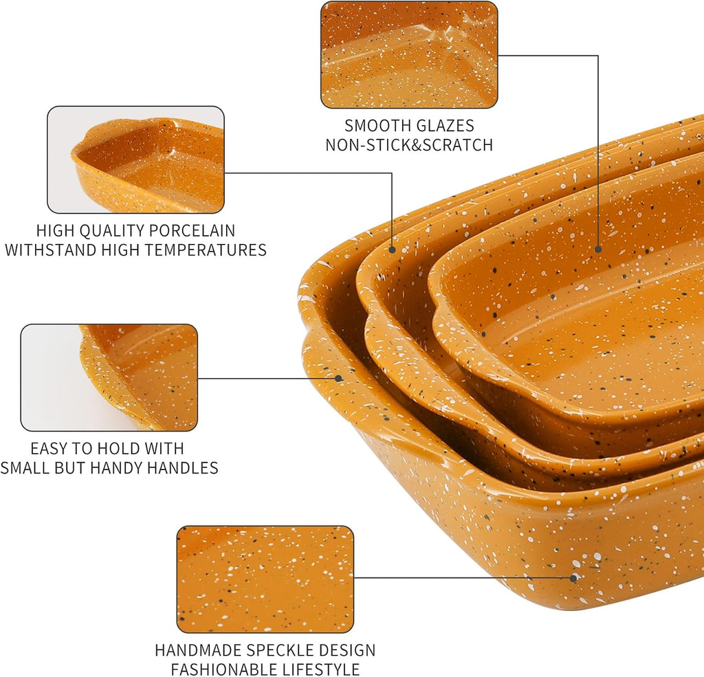 Ceramic Dish Set of 3 (13.8''/12''/9.6''Orange) | Oven-Safe Stackable Deep Rectangular Lasagna Pan with Handles, Up