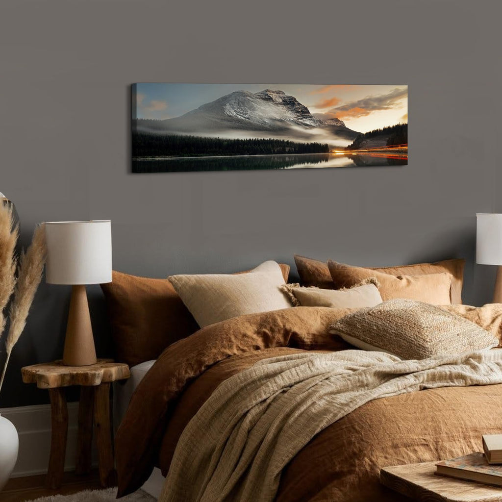 Sunset Mountain Landscape Canvas Wall Art Wall Decor 14x48" Black and White Nature Forest River Scenery Picture