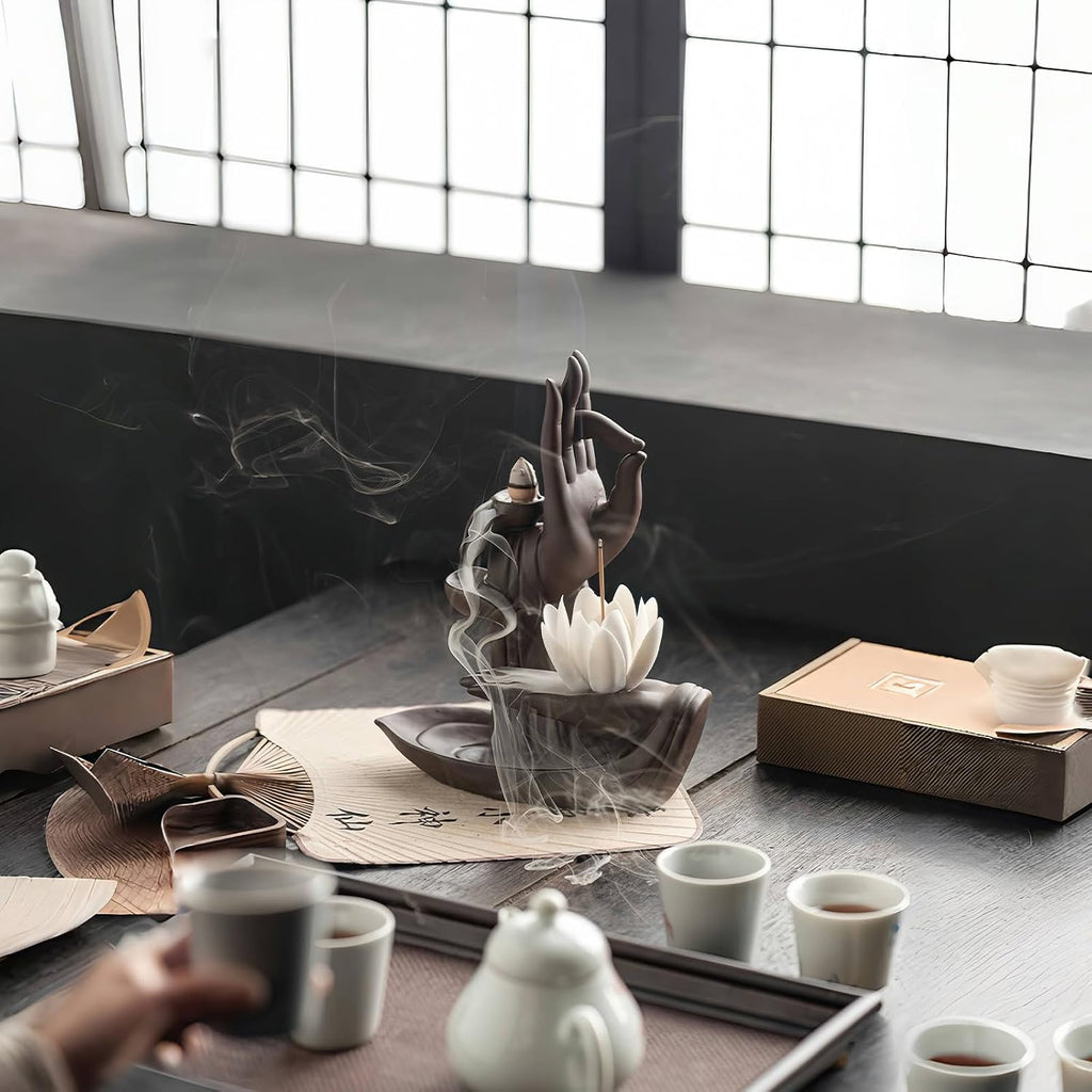 Lotus Hand Backflow Incense Burner- Ceramic Cones Incense Holder Waterfall Incense Burner & Incense Waterfall