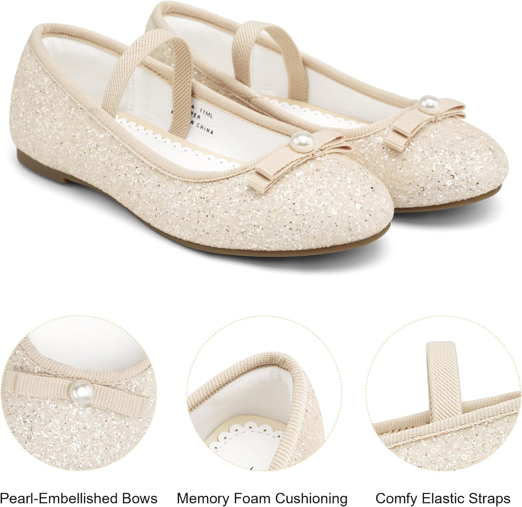 Girls Glitter Dress Shoes Flats with Pearl Bow for Party