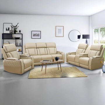 Power Recliner Sectional Sofa with LED Lights, 3 Piece Beige Leather Recliner Love Seat Couches Set with Cup Holders &
