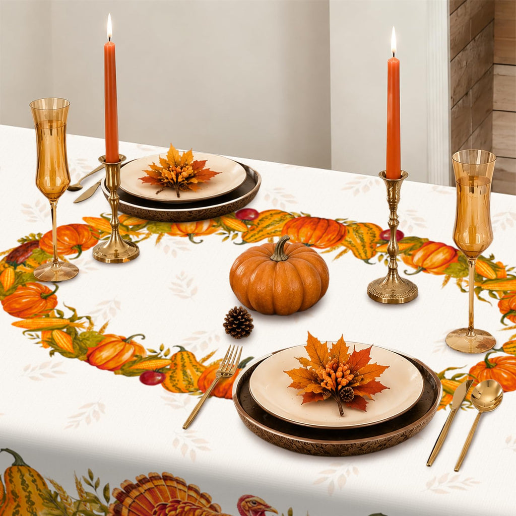 Rectangle Fall Tablecloth 60x120 Inch, Thanksgiving Autumn Harves Turkey Pumpkin Table Cloth, Waterproof Wrinkle