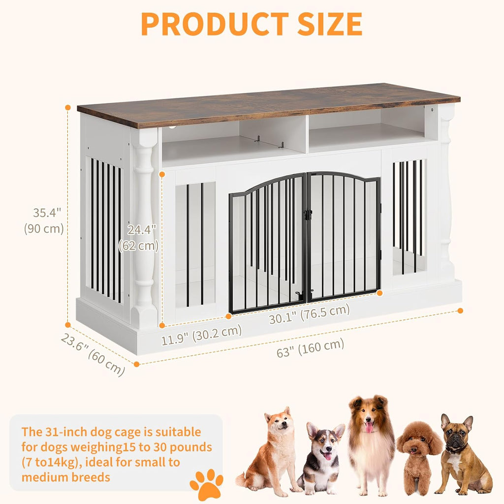 63 Inch Double Dog Crate TV Stand, Heavy Duty Wooden Dog Crate Furniture for 2 Dogs, Dog Kennel Indoor Furniture