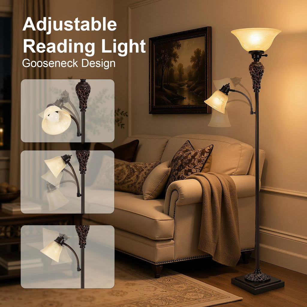 Vintage Torchiere Floor Lamp with Adjustable Reading Light, 72" Tall, Brown