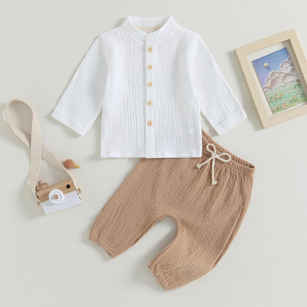 Toddler Boy Linen Outfit Baby Boy Fall Winter Clothes Set Button-Down Shirt Tops Cotton Linen Pants 2PCS