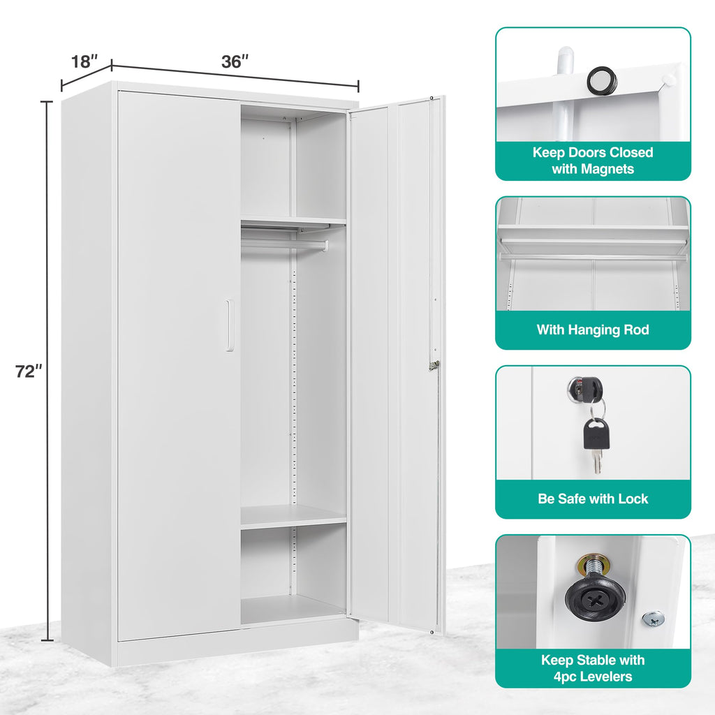 Metal Wardrobe Cabinet with Hanging Rod & Lock, White Armoire Wardrobe Closet, Metal Clothing Storage Cabinet with