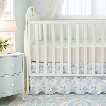 Scallop Edge Cotton Crib Skirt, Baby Girl, French Country Blue Toile Crib Skirt Toddler Bedskirt Farmhouse Chic